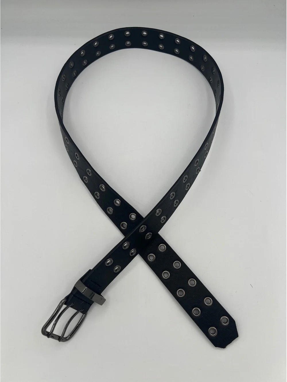 Black Double Prong Faux Leather Metal Eyelet Belt Size 38-40